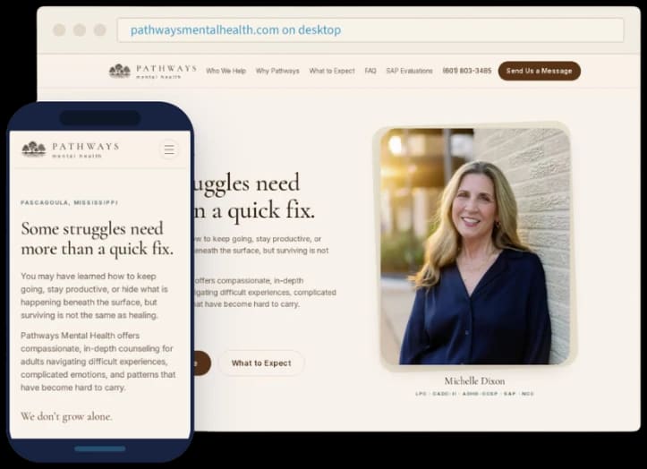 Desktop and mobile preview of the Pathways Mental Health website built by Salt Marsh Digital