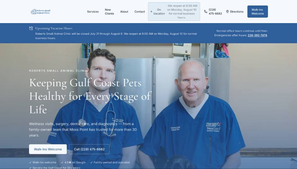 Roberts Small Animal Clinic website after the redesign